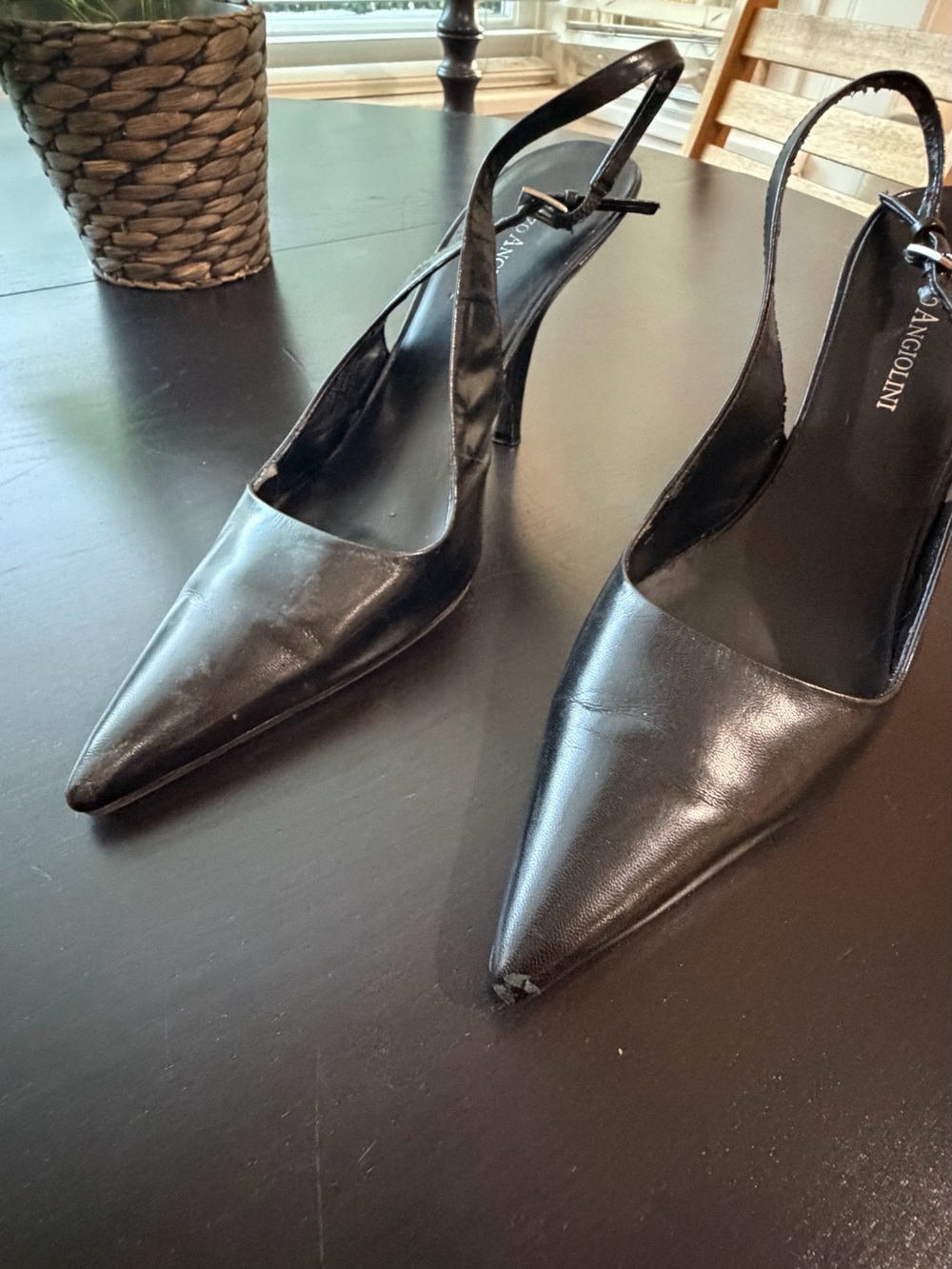 Enzo Angiolini Black Pointed Leather Slingback Heels